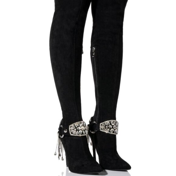 AZALEA WANG " SADDLE UP PRETTY "KNEE HIGH RHINESTONE FRINGE / BLACK (BRAND NEW!) - Picture 1 of 7